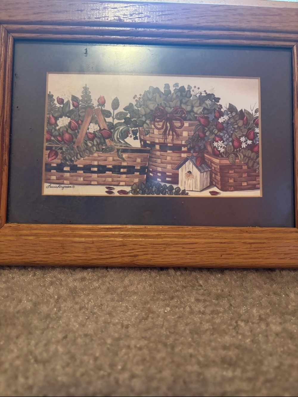 Framed Basket & Floral Print - Rustic Wall Art